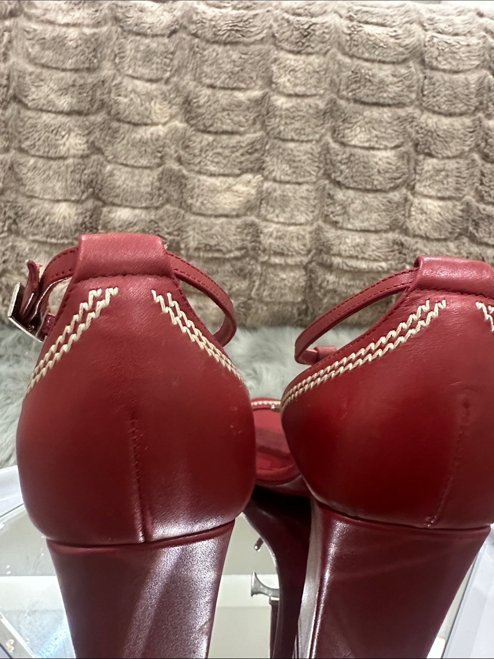 RARE DIOR C D logo Red T-Strap Block Heel dress shoes with white stitching 4’ - Picture 8 of 14